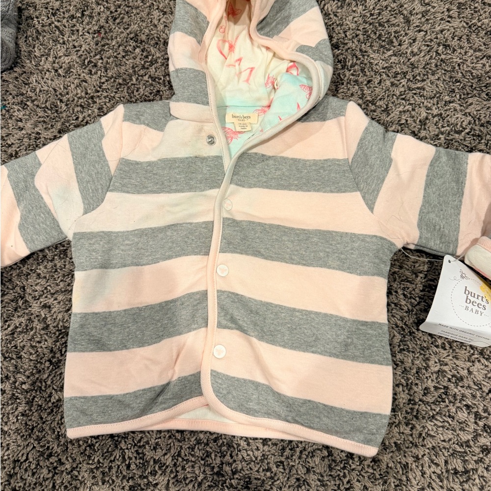 Burt's Bees Baby Pink & Gray Striped Hooded Baby Jacket reversible